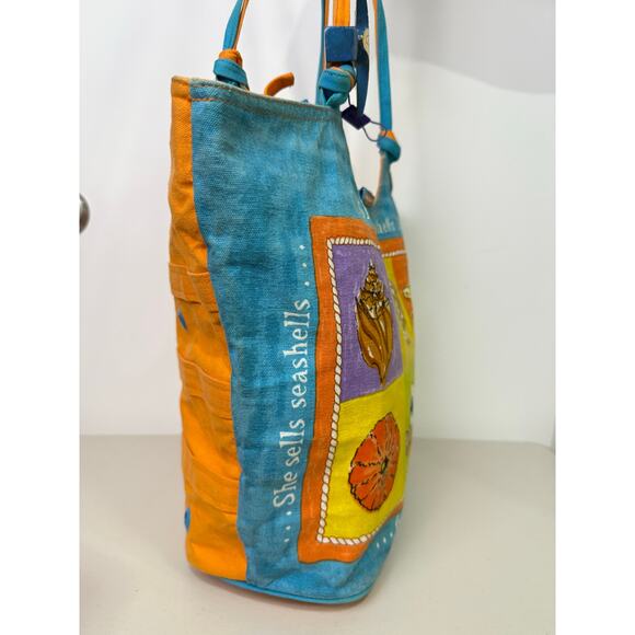 Anne Ormsby Surviving Stress Tote Washed Canvas Embroidered Shells Wood - Picture 6 of 16